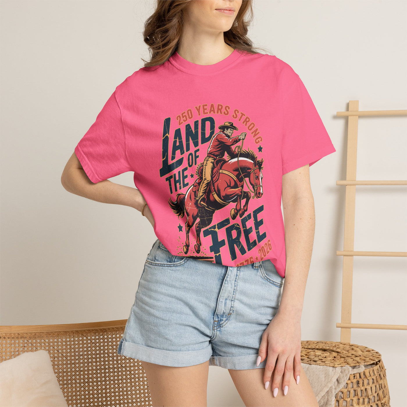 Land of the Free 250 Years Strong Comfort Colors Shirt, America 250th Anniversary Tee, Patriotic Cowboy Graphic Shirt, USA 1776-2026
