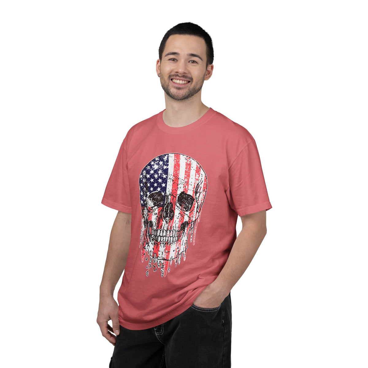 American Flag Skull Shirt, Distressed Patriotic Graphic for Biker Outfits, Fourth of July Style, Birthday Gift for Skull Art Lovers