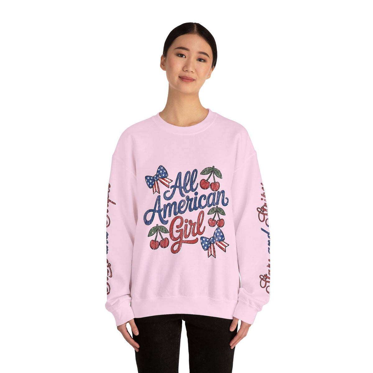 All American Girl Sweatshirt, Patriotic Womens Pullover, USA Flag Cherry Top, Vintage Americana Style, Fourth of July Gift