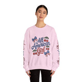 All American Girl Sweatshirt, Patriotic Womens Pullover, USA Flag Cherry Top, Vintage Americana Style, Fourth of July Gift