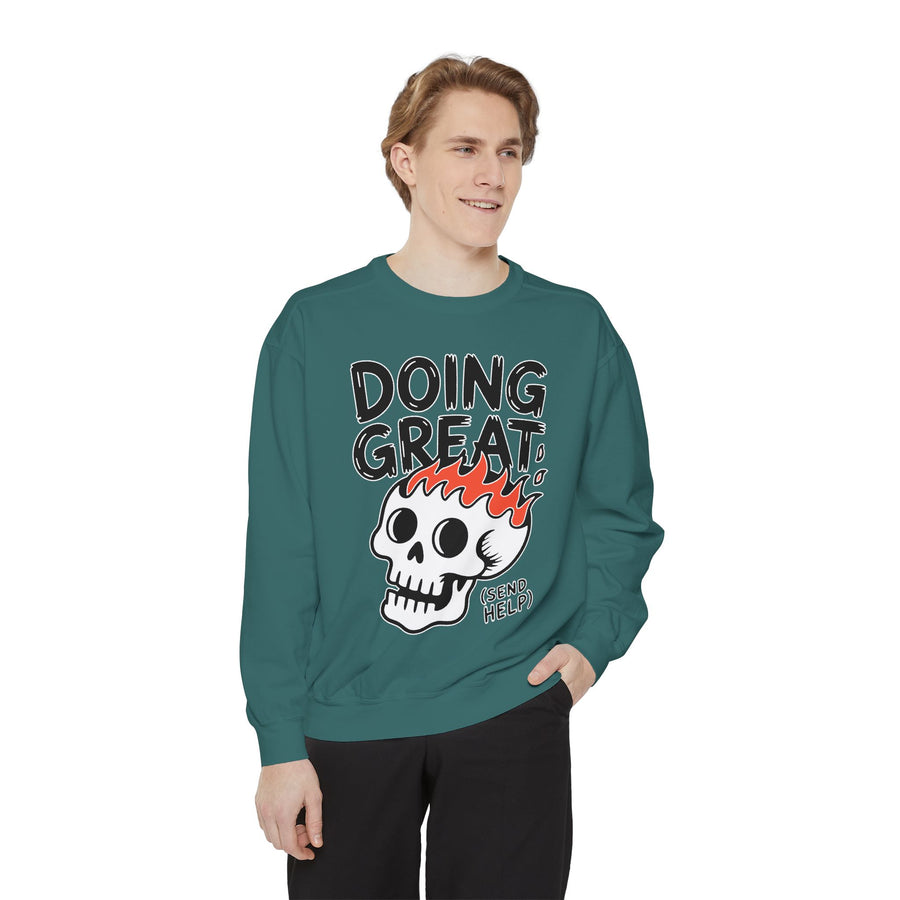 Funny Skull Comfort Colors Sweatshirt, Doing Great Send Help Crewneck, Sarcastic Graphic Sweatshirt, Gothic Humor Gift