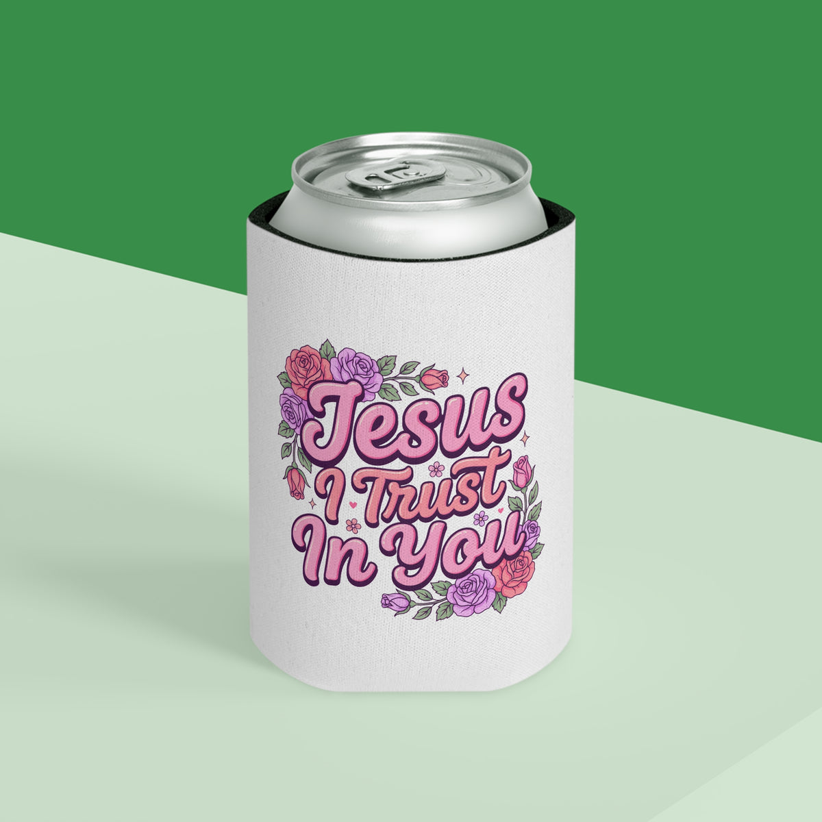 Christian Can Cooler, Jesus I Trust in You Drink Sleeve, Floral Faith Gift for Women, Catholic Gift, Religious Party Favor