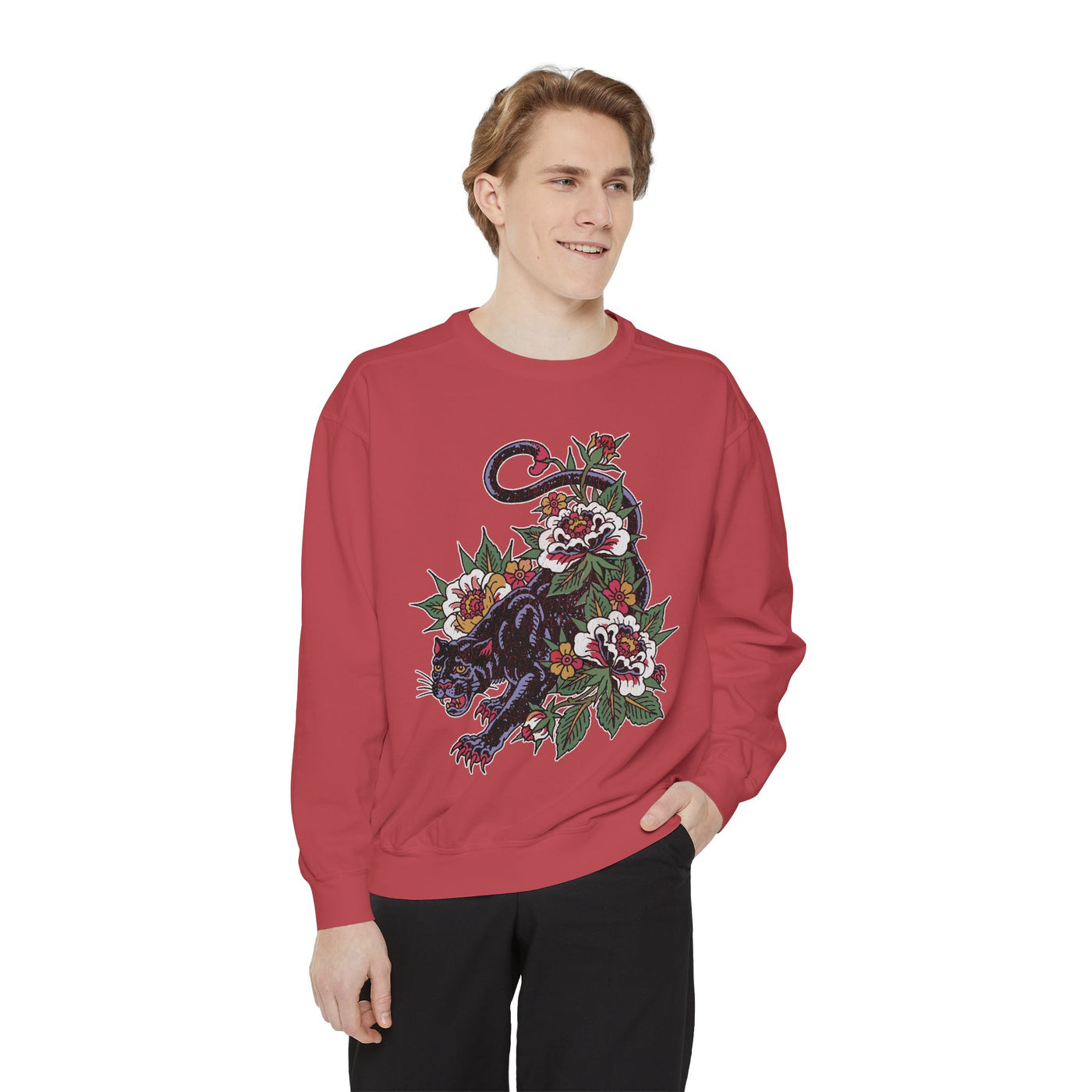 Traditional Panther Graphic Sweatshirt, Floral Tattoo Pullover for Men and Women, Old School Big Cat Top