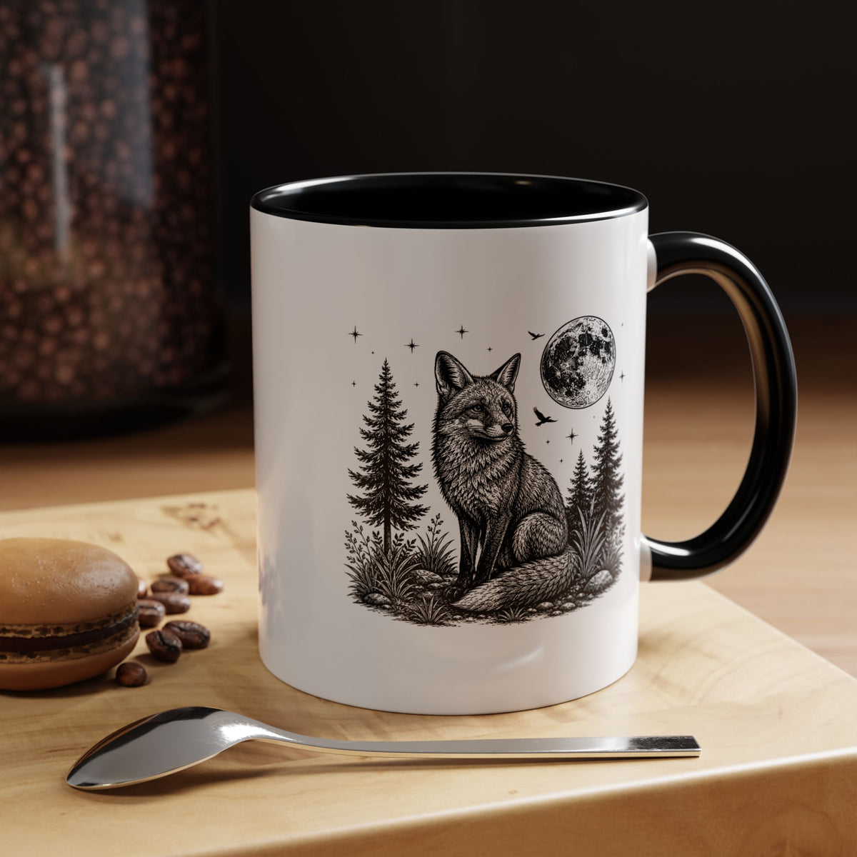 Fox Moon Mug, Black and White Woodland Coffee Cup, Celestial Forest Animal Gift for Fox Lover, Rustic Cabin Decor, Nature Birthday Present