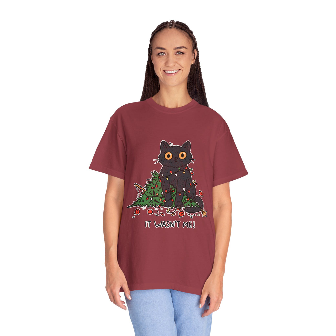It Wasn't Me Black Cat Christmas Shirt, Funny Holiday T-Shirt, Mischievous Kitty Lights Tee, Gift for Cat Mom, Cat Dad, Christmas Party Top