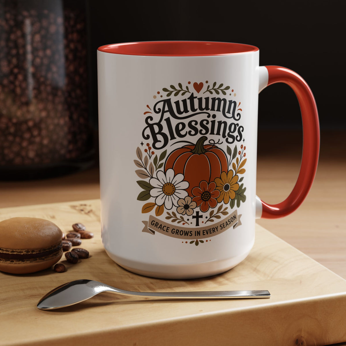 Autumn Blessings Christian Mug, Grace Grows in Every Season Coffee Cup, Faith Based Fall Gift, Floral Pumpkin Thanksgiving Decor
