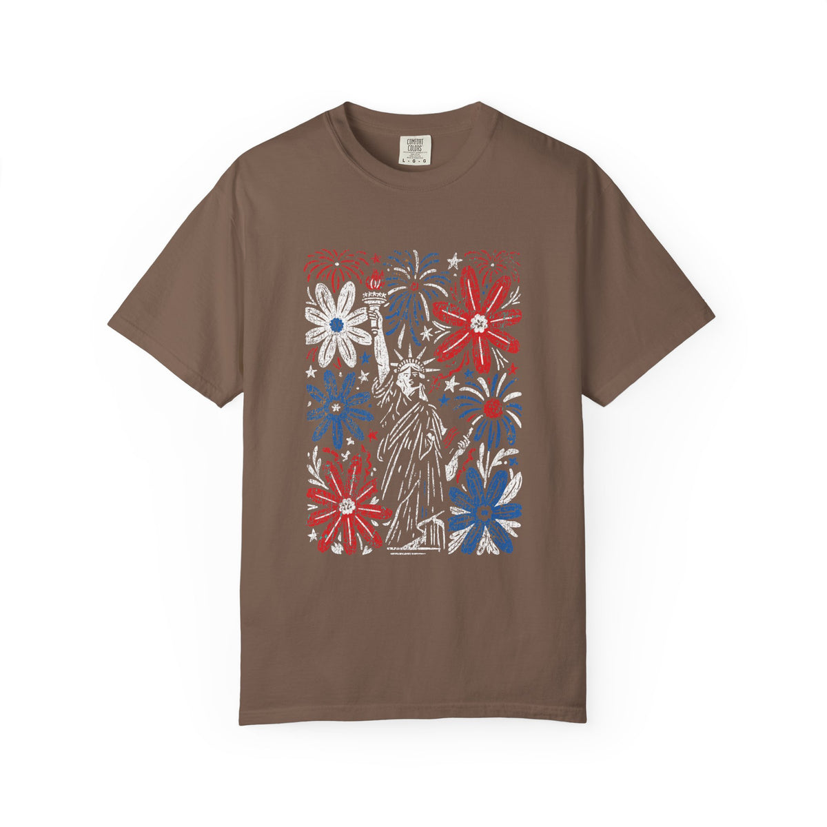 Patriotic Fireworks Shirt, Red White Blue Flower Graphic Tee, Americana T Shirt, Fourth of July Outfit, Vintage USA Gift for Women