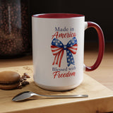 Made in America Blessed with Freedom Mug, Patriotic American Flag Bow Coffee Mug, USA Pride Gift for Women, Fourth of July Cup