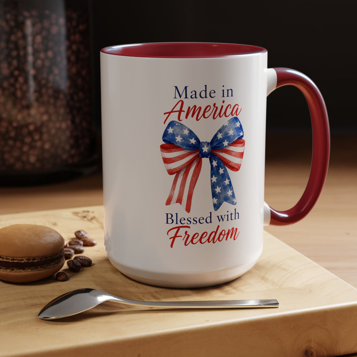 Made in America Blessed with Freedom Mug, Patriotic American Flag Bow Coffee Mug, USA Pride Gift for Women, Fourth of July Cup