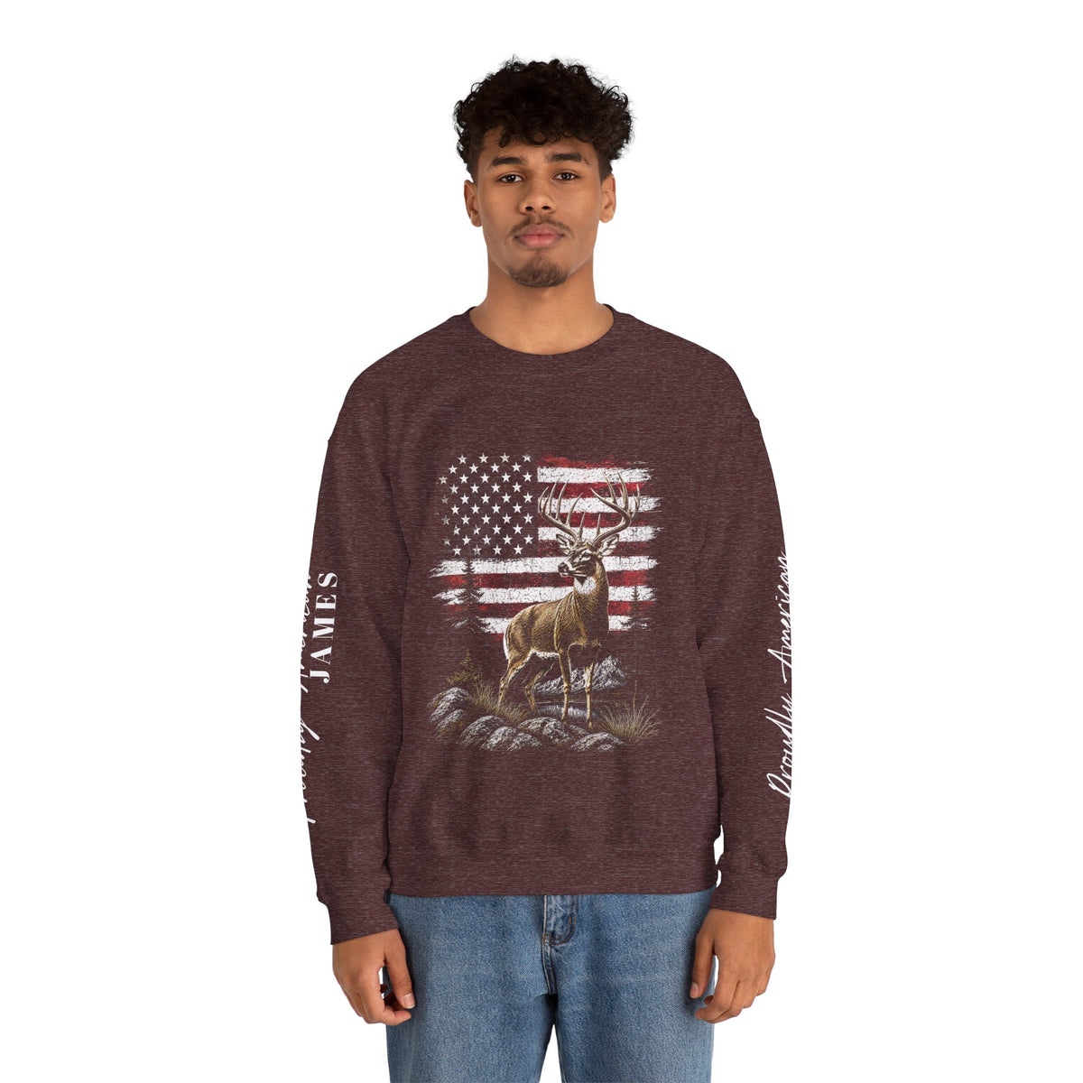 Personalized Hunting Sweatshirt, Custom Deer American Flag Pullover, Patriotic Outdoorsman Crewneck, Hunter Gift, Personalized Family Shirt