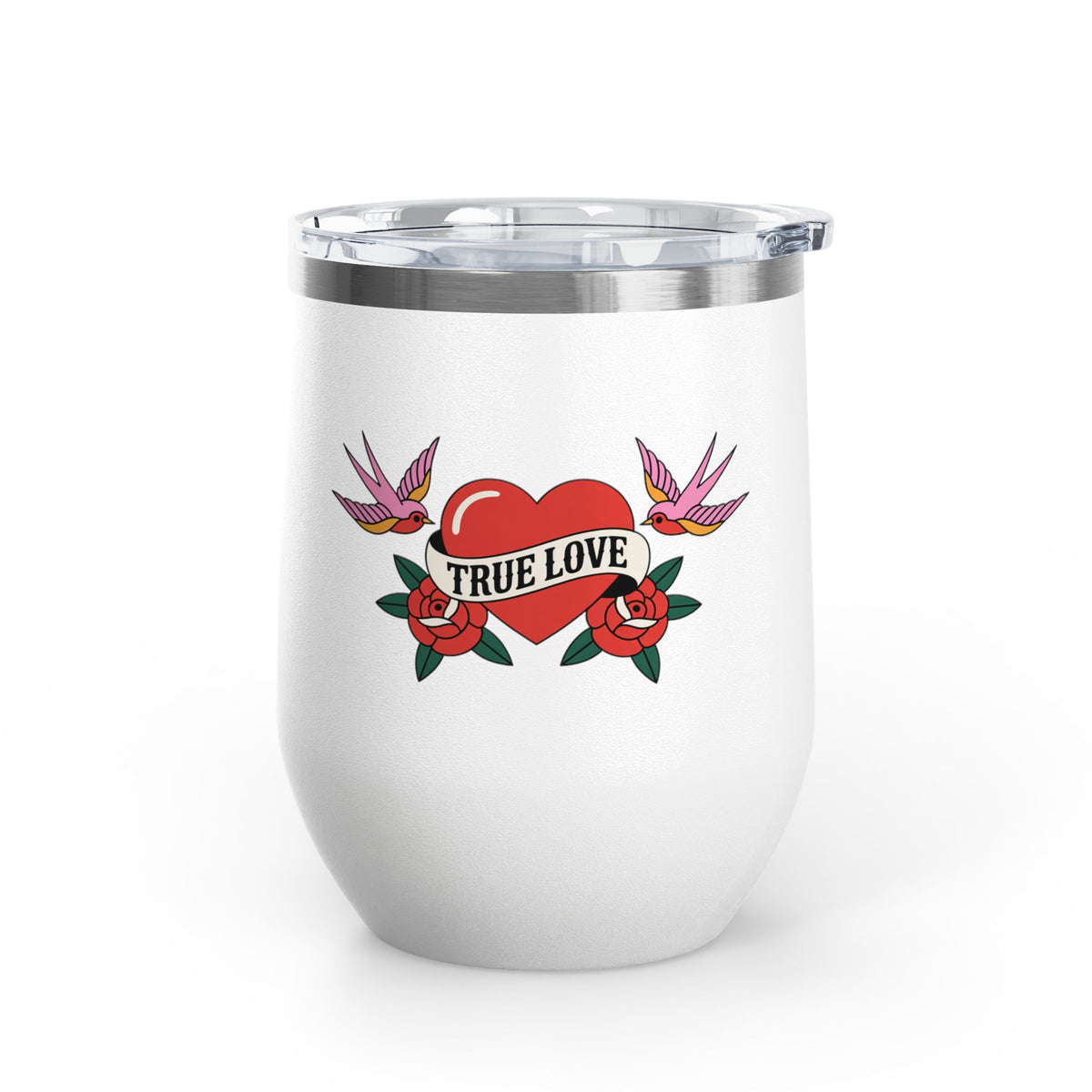 True Love Wine Tumbler, Vintage Tattoo Heart and Roses Cup, Romantic Anniversary Gift, Retro Drinkware for Couples