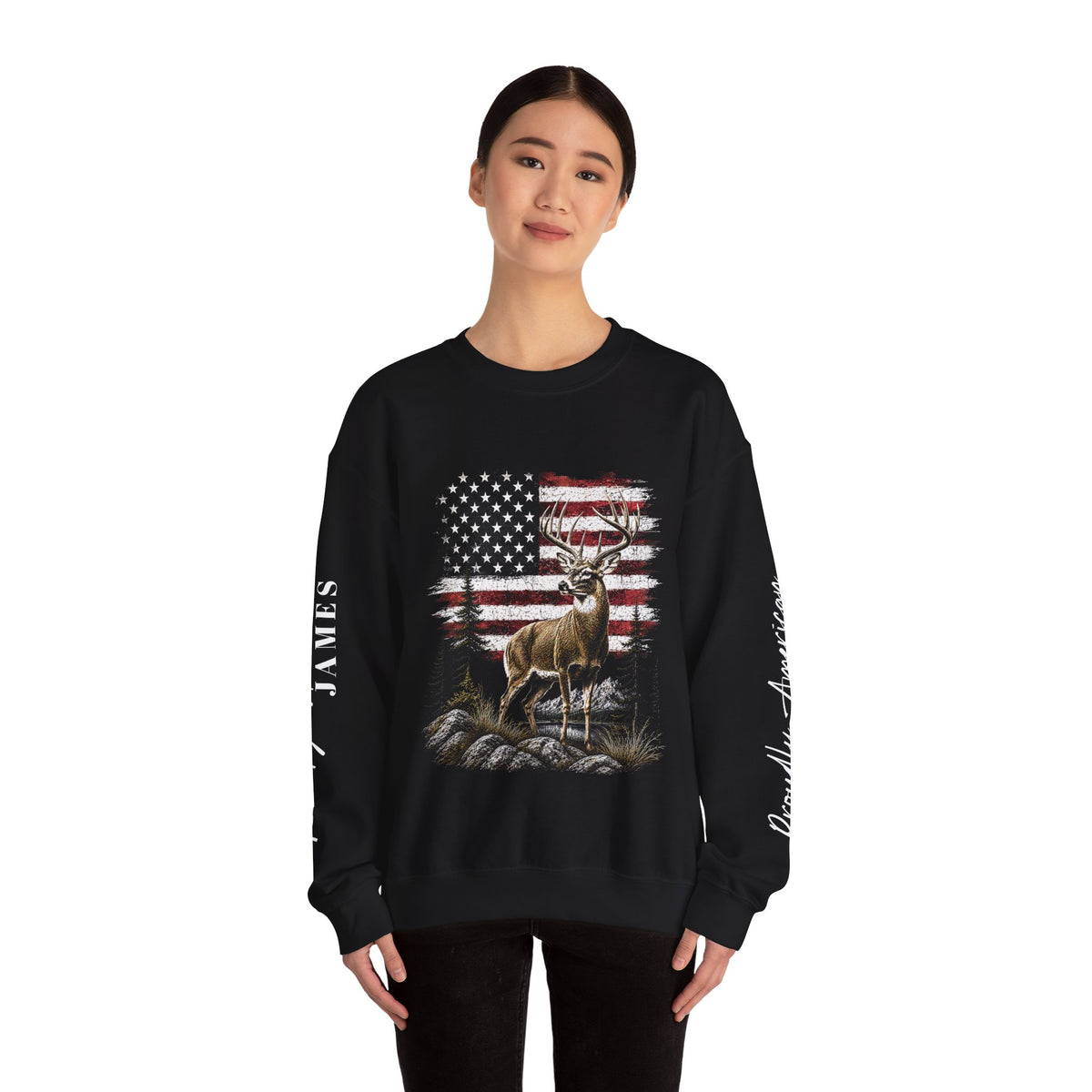 Personalized Hunting Sweatshirt, Custom Deer American Flag Pullover, Patriotic Outdoorsman Crewneck, Hunter Gift, Personalized Family Shirt