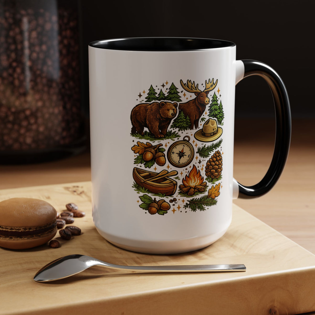 Camping Mug, Woodland Wildlife Coffee Cup, Bear and Moose Outdoor Gift, Rustic Cabin Kitchen Decor, Birthday Present for Camper or Hiker