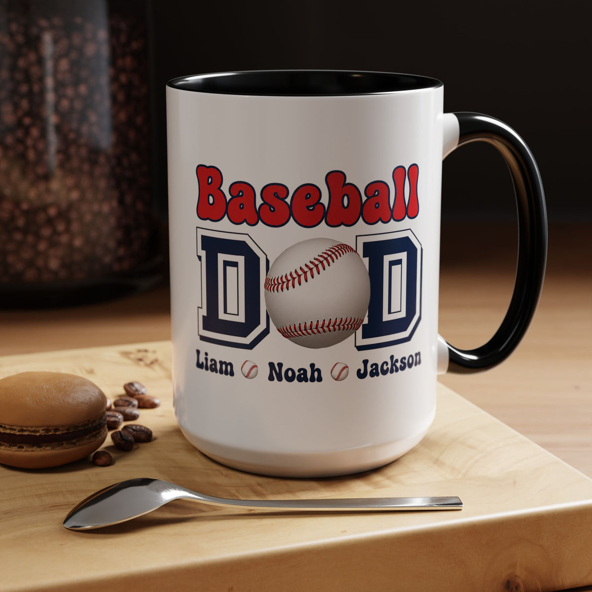 Custom Baseball Dad Coffee Mug with Kids Names, Personalized Sports Father's Day Gift, Cute Team Coach Appreciation Ceramic Tea Cup