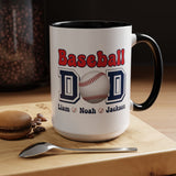 Custom Baseball Dad Coffee Mug with Kids Names, Personalized Sports Father's Day Gift, Cute Team Coach Appreciation Ceramic Tea Cup