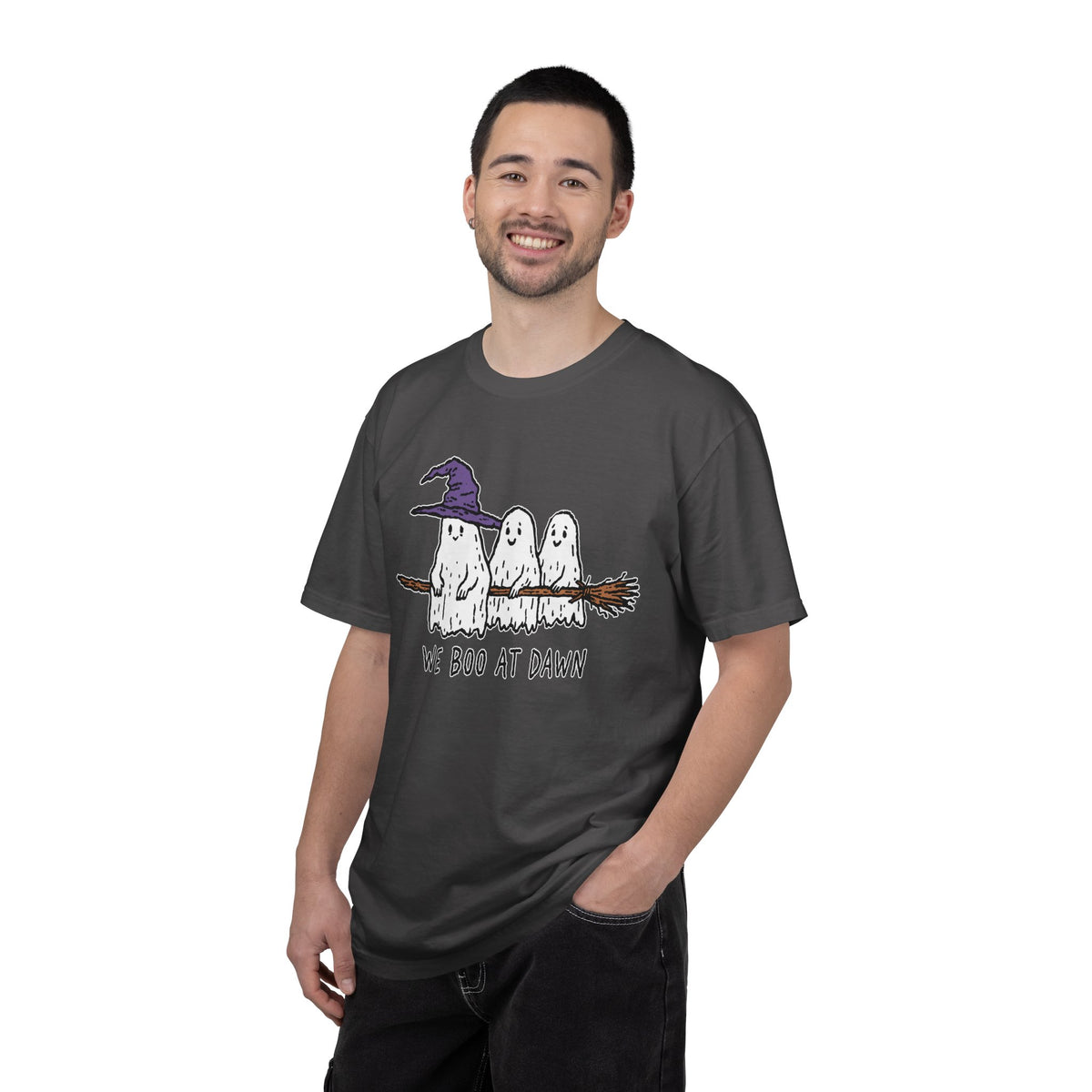 We Boo at Dawn Ghost Shirt, Funny Halloween Witch Broom Graphic Tee, Cute Spooky Season Gift for Friends and Ghost Lovers, October Outfit