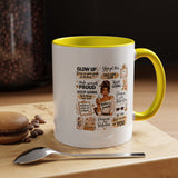 Glow Up Affirmations Coffee Mug, Girl Boss Self Care Gift for Her, Cute Messy Bun Aesthetic Motivational Ceramic Tea Cup with Pink Handle