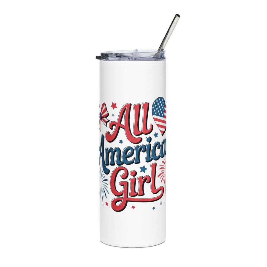 All American Girl Skinny Tumbler, Patriotic Travel Cup for Women, 4th of July Drinkware, USA Gift for Her, Summer Party Cup, Red White Blue