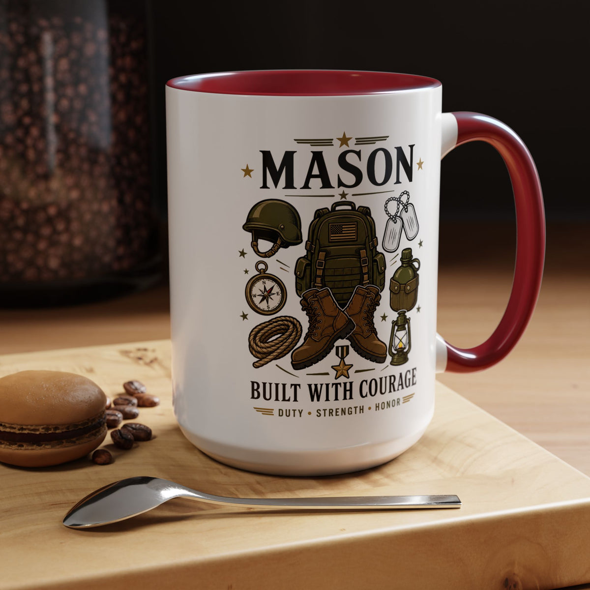 Personalized Army Soldier Mug, Built with Courage Coffee Cup, Custom Name Military Gift for Him, Veteran, Recruit or Service Member