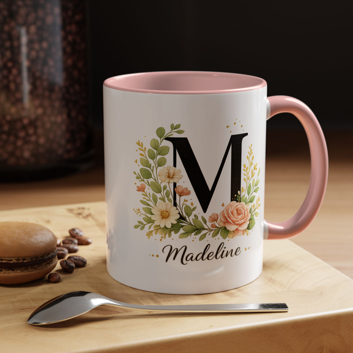 Personalized Floral Monogram Mug, Custom Initial Coffee Mug with Name, Elegant Botanical Gift for Women, Bridesmaid Birthday Gift