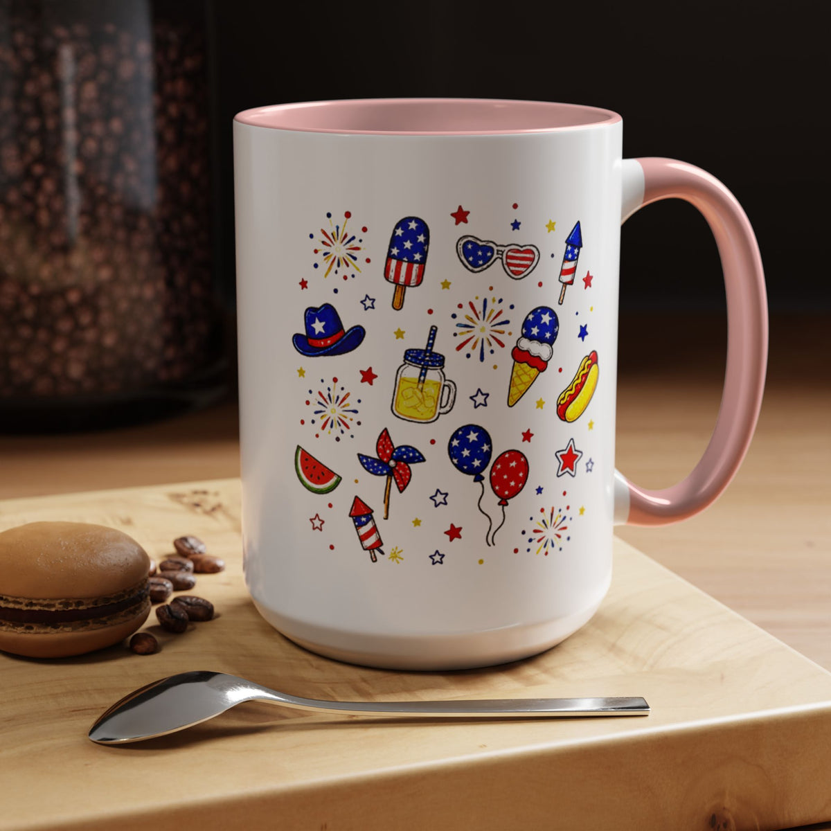 Patriotic Summer Celebration Mug, Fourth of July Coffee Mug, Americana Fireworks Cup, Red White Blue Holiday Gift