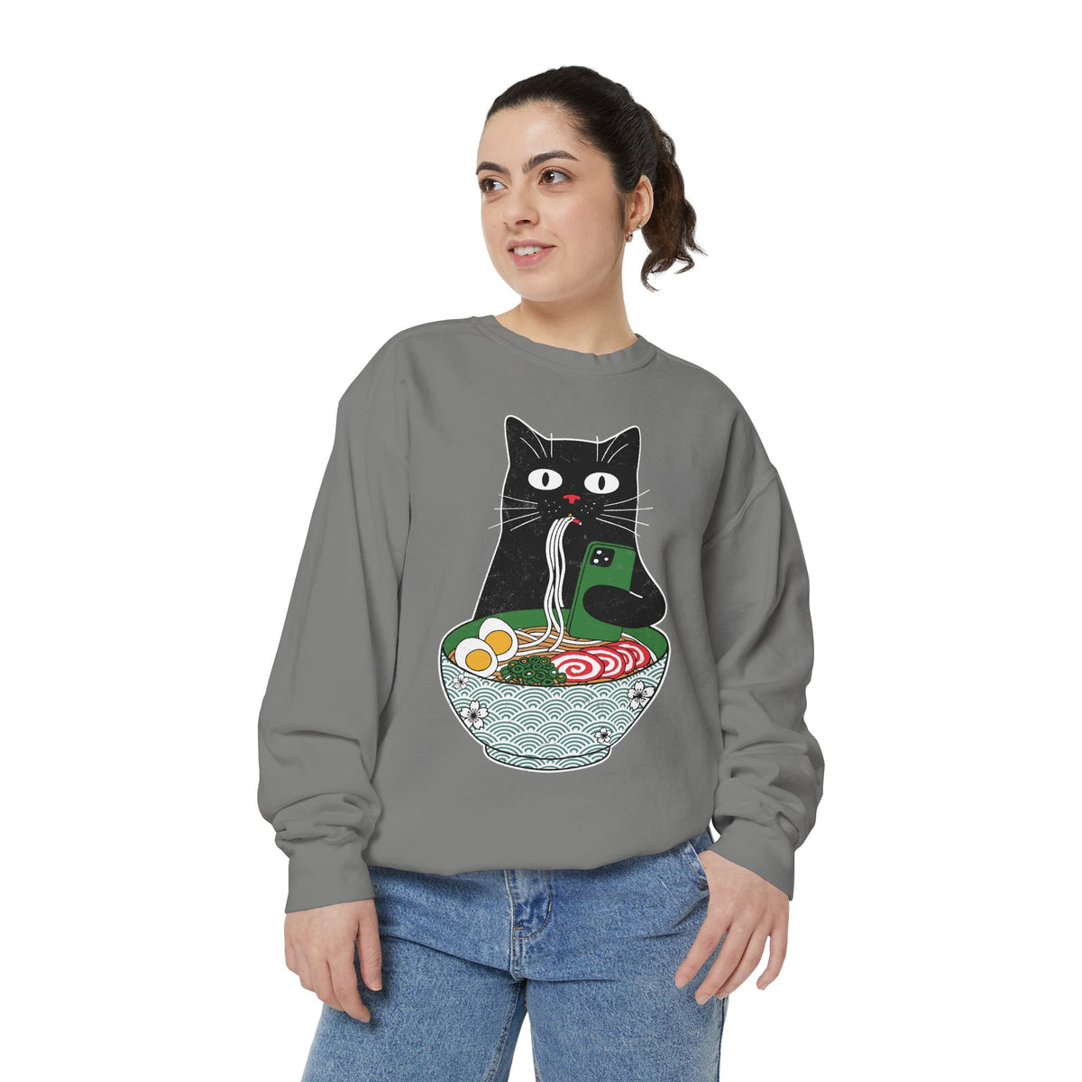 Ramen Cat Comfort Colors Sweatshirt, Funny Cat Eating Noodles Shirt, Cat Lover Graphic Crewneck, Foodie Gift Idea