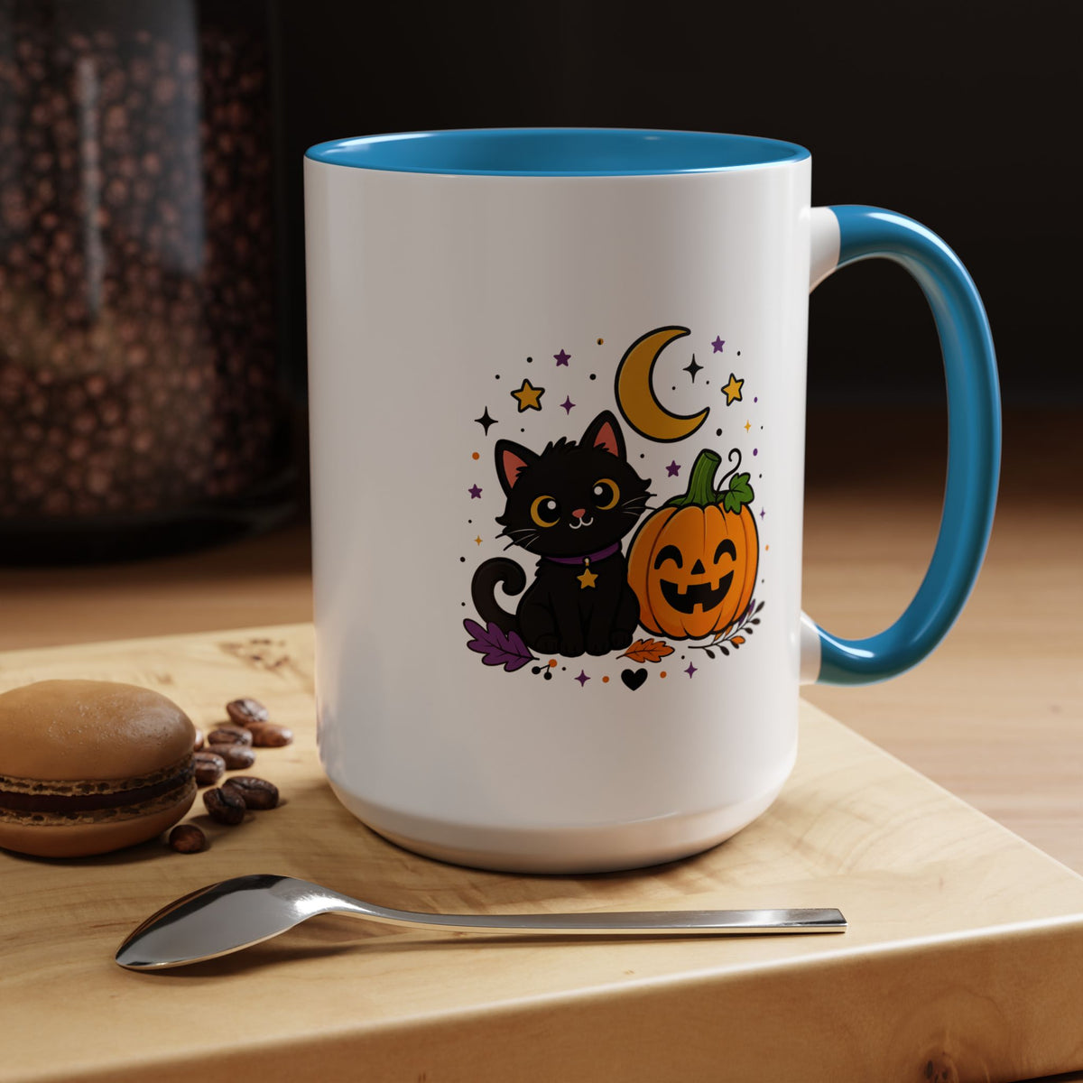 Cute Black Cat Halloween Mug, Pumpkin and Moon Coffee Cup, Spooky Season Gift for Cat Lover, Fall Birthday Present, Witchy Fall Decor