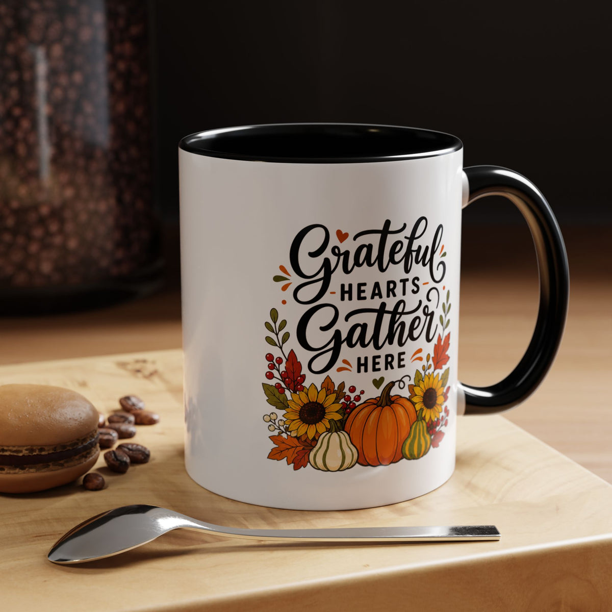 Grateful Hearts Gather Here Mug, Thanksgiving Pumpkin Coffee Cup, Rustic Fall Hostess Gift, Sunflower Harvest Kitchen Decor