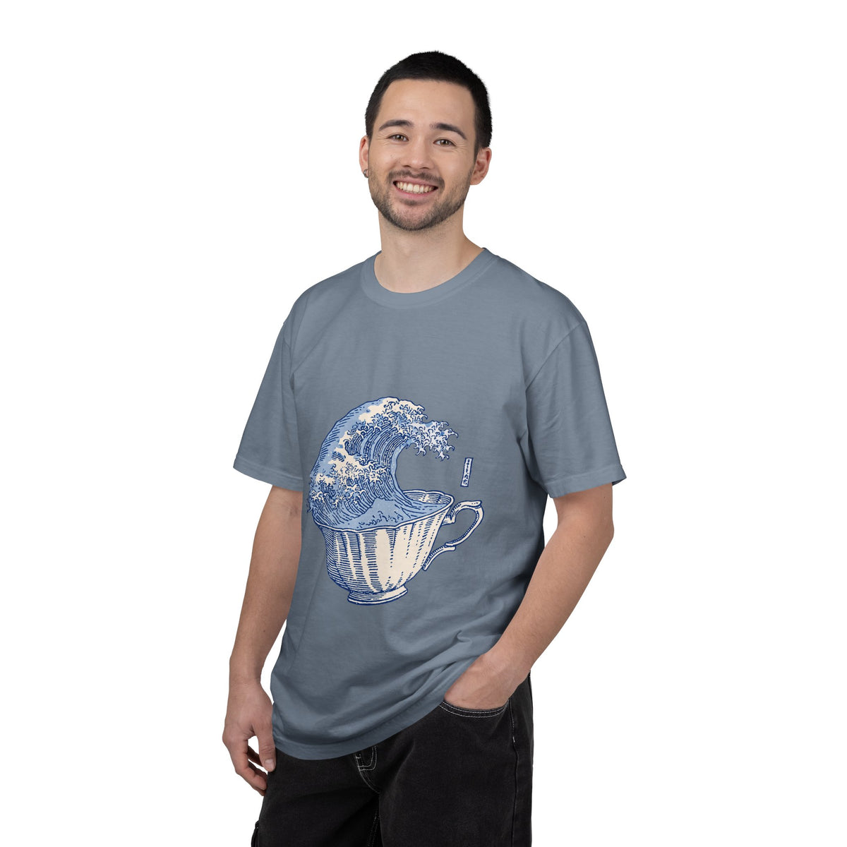 Great Wave Teacup Shirt, Japanese Art Inspired Ocean Graphic, Gift for Tea Lovers and Coastal Art Fans, Casual Cafe Weekend Outfit