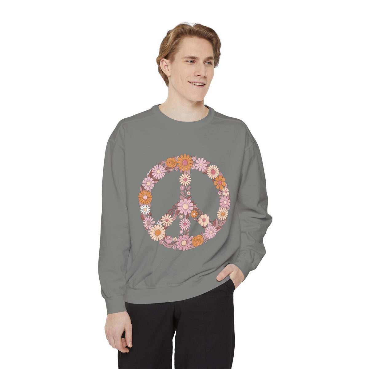 Floral Peace Sign Sweatshirt, Retro Daisy Crewneck for Women, Hippie Flower Gift, Cozy Boho Pullover for Festivals and Everyday Wear