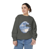 Great Wave Teacup Sweatshirt, Japanese Art Inspired Ocean Graphic, Gift for Tea Lovers and Coastal Art Fans, Casual Cafe Weekend Outfit