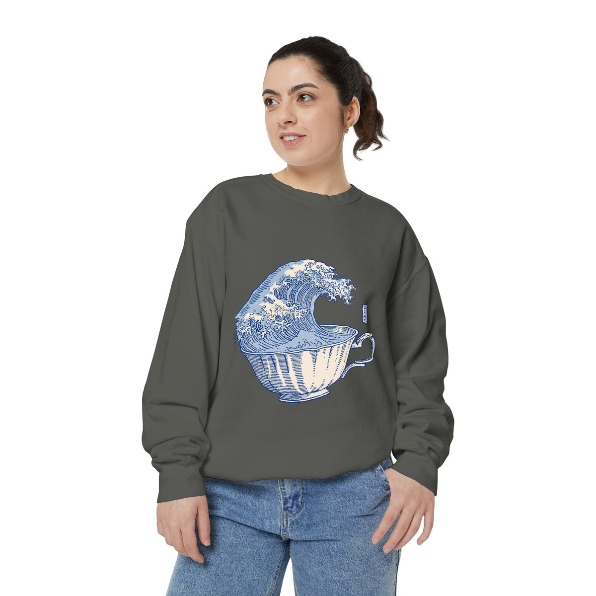 Great Wave Teacup Sweatshirt, Japanese Art Inspired Ocean Graphic, Gift for Tea Lovers and Coastal Art Fans, Casual Cafe Weekend Outfit