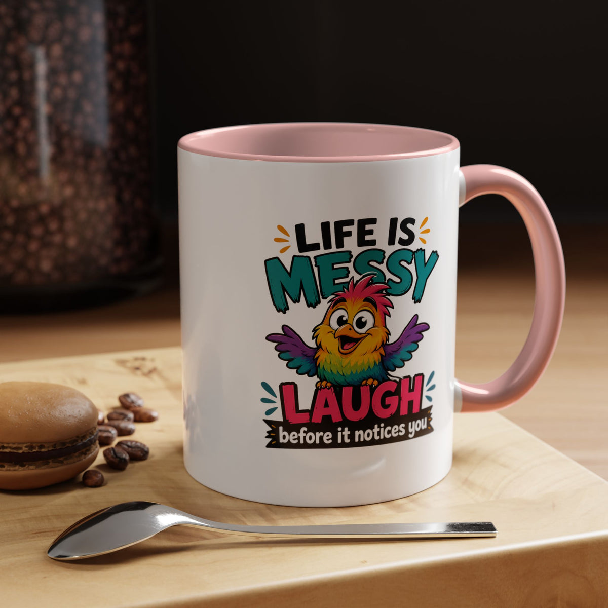 Funny Life Is Messy Mug, Colorful Bird Coffee Cup, Humorous Gift for Friend, Coworker Birthday Present, Cheerful Office Desk Drinkware