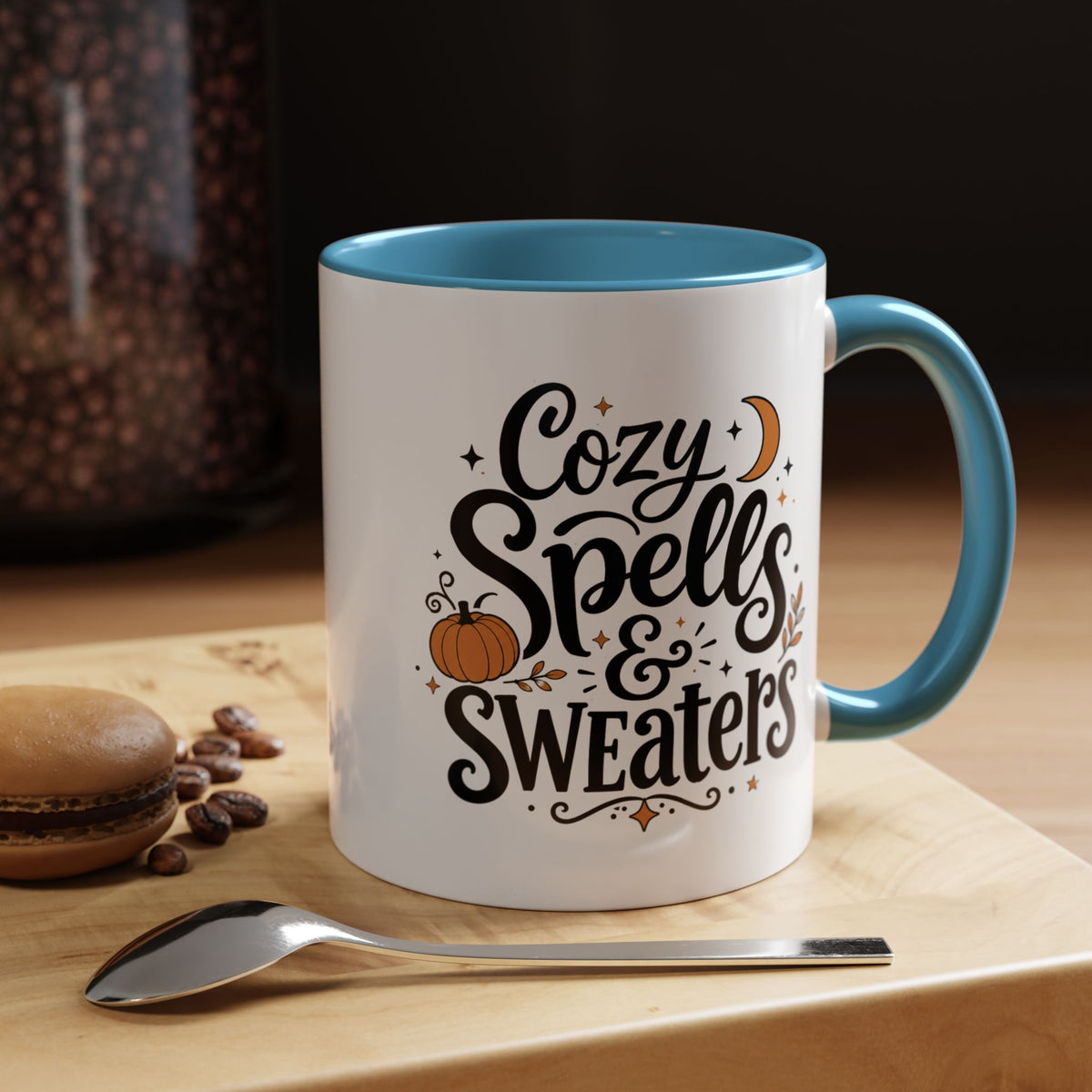 Cozy Spells and Sweaters Mug, Witchy Halloween Coffee Cup, Celestial Pumpkin Fall Gift for Her, Magical Spooky Season Drinkware