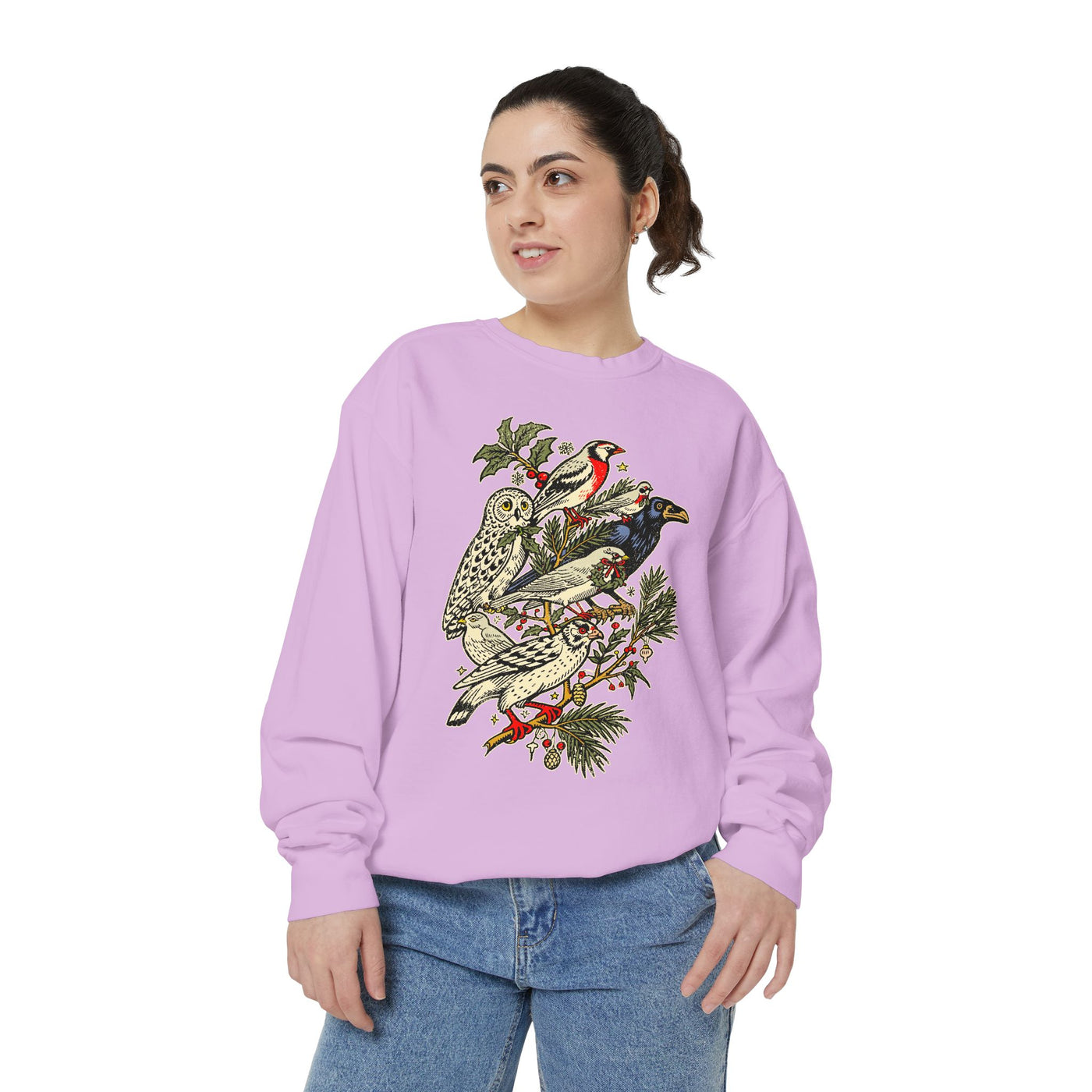 Winter Birds Graphic Sweatshirt, Vintage Woodland Pullover for Bird Lovers, Festive Nature Top, Cozy Christmas Gift for Birdwatchers