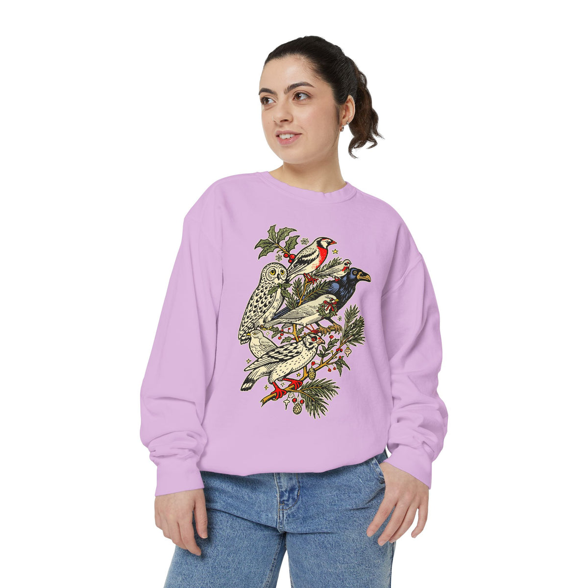 Winter Birds Graphic Sweatshirt, Vintage Woodland Pullover for Bird Lovers, Festive Nature Top, Cozy Christmas Gift for Birdwatchers