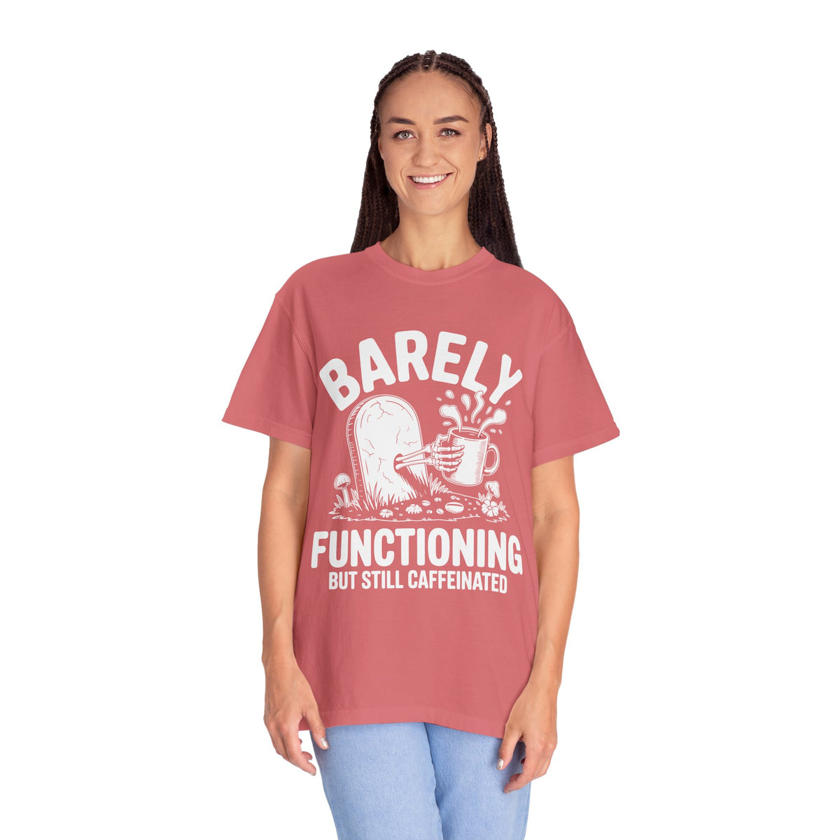 Funny Coffee Lover Comfort Colors Shirt, Barely Functioning But Still Caffeinated Tee, Gothic Humor Graphic Shirt, Espresso Addict Gift