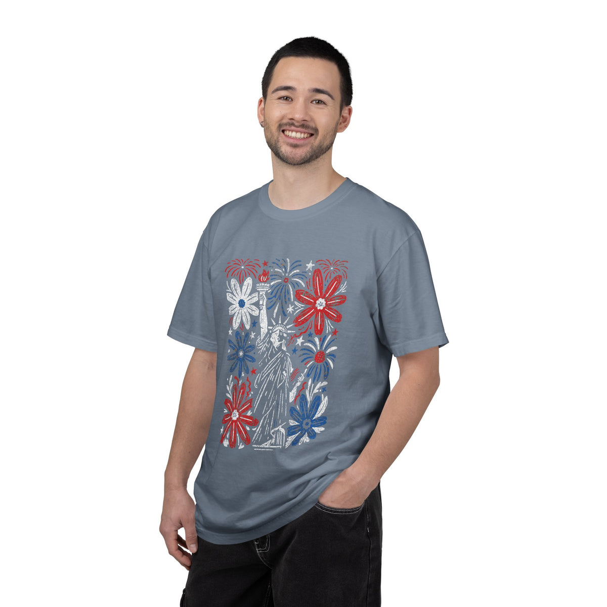 Patriotic Fireworks Shirt, Red White Blue Flower Graphic Tee, Americana T Shirt, Fourth of July Outfit, Vintage USA Gift for Women