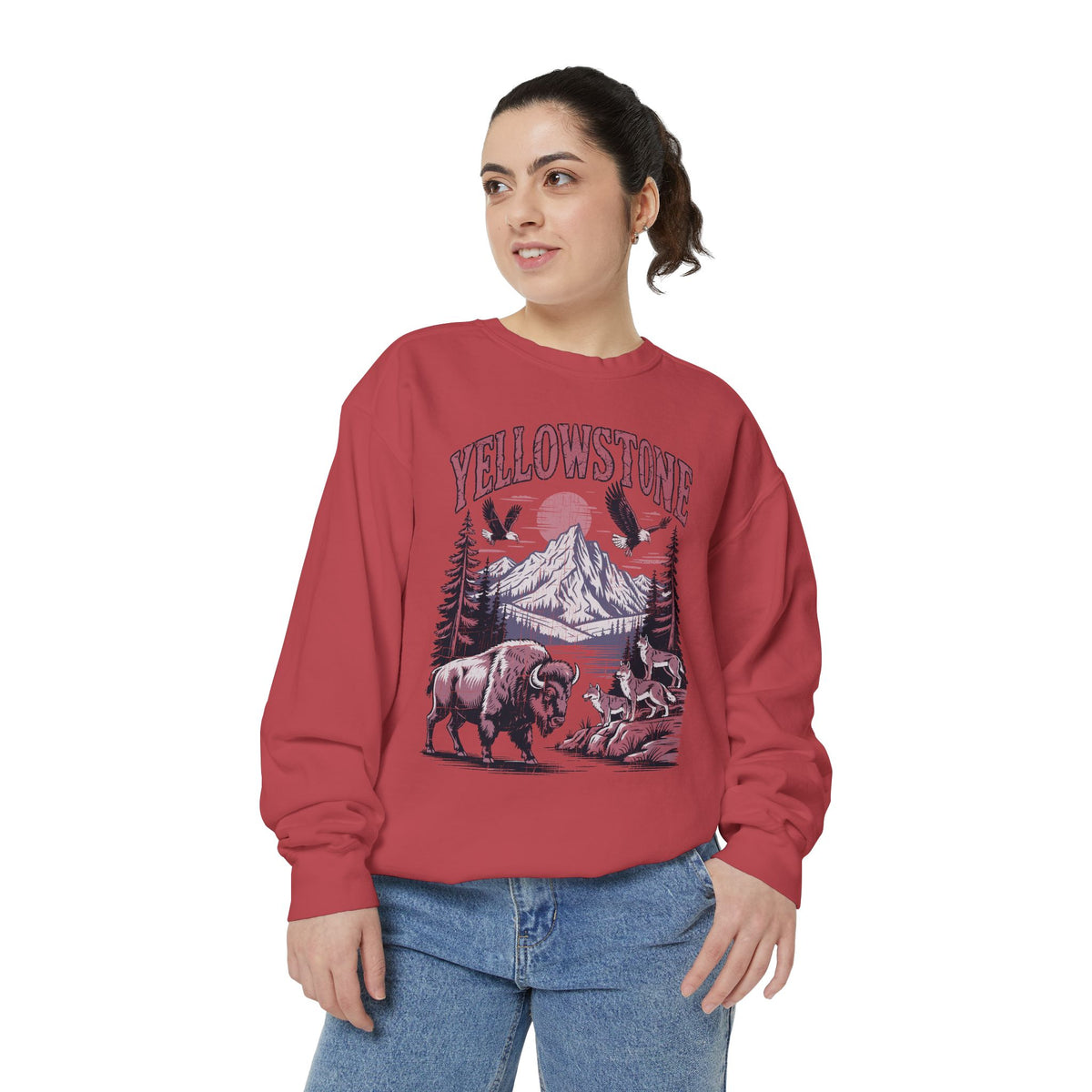 Yellowstone Wildlife Sweatshirt, Bison Wolf Eagle Mountain Crewneck, National Park Lover Gift, Western Nature Graphic Cozy Pullover