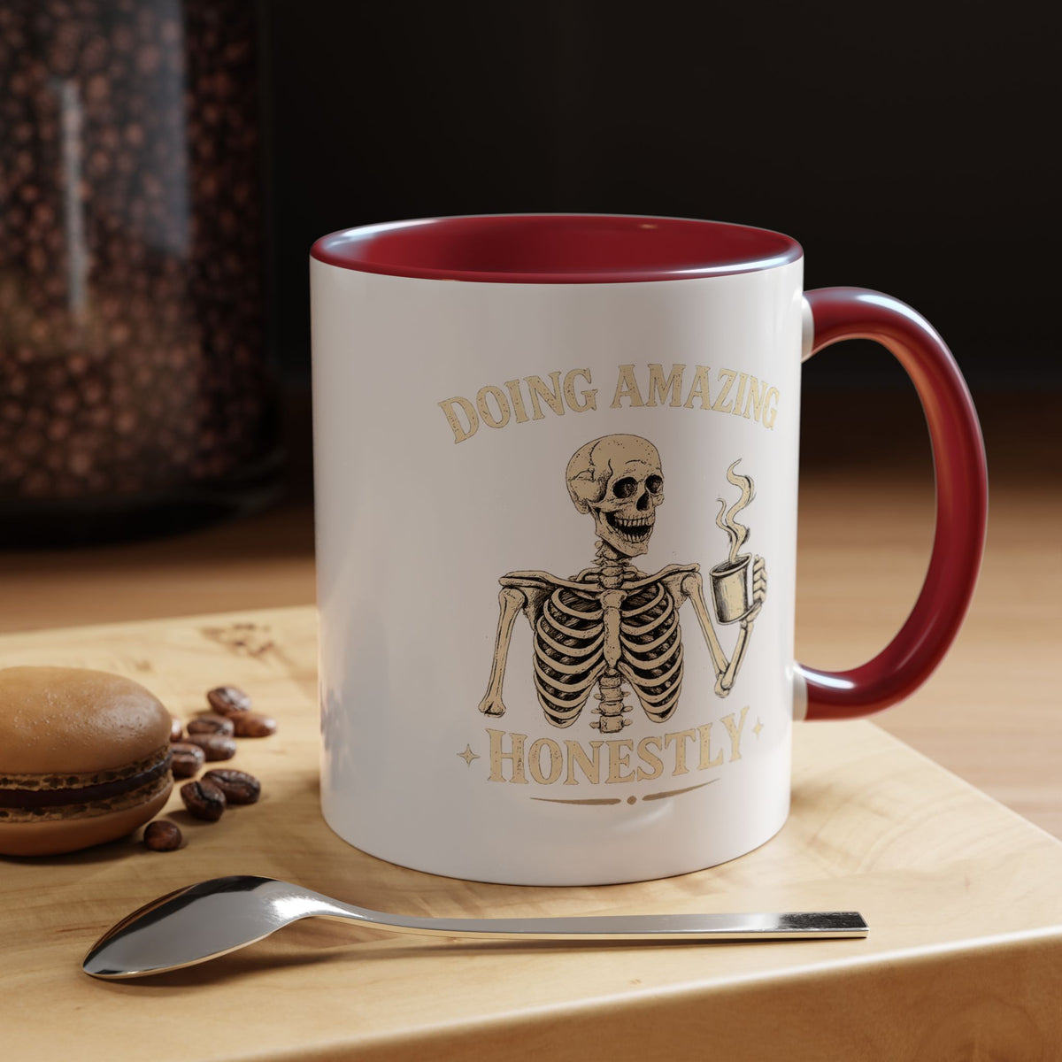 Doing Amazing Honestly Skeleton Coffee Mug, Funny Burnout Gift for Coworker, Sarcastic Office Coffee Cup, Tired but Thriving Mug