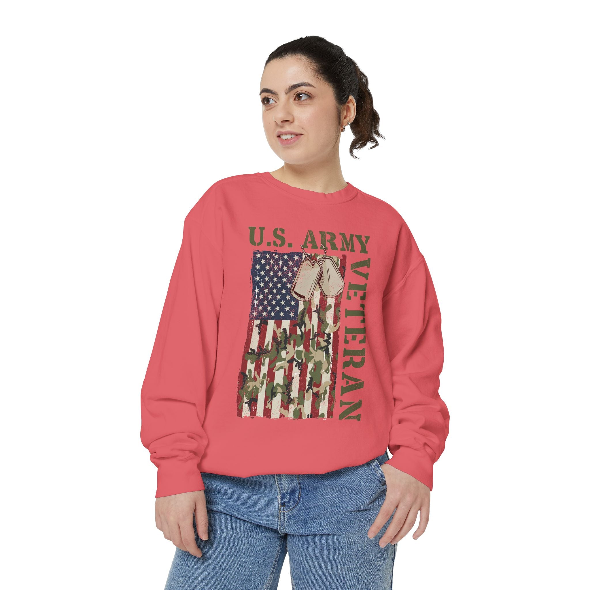 US Army Veteran Sweatshirt, American Flag Camo Crewneck, Military Dog Tag Pullover, Patriotic Soldier Gift, Retirement or Veterans Day Top