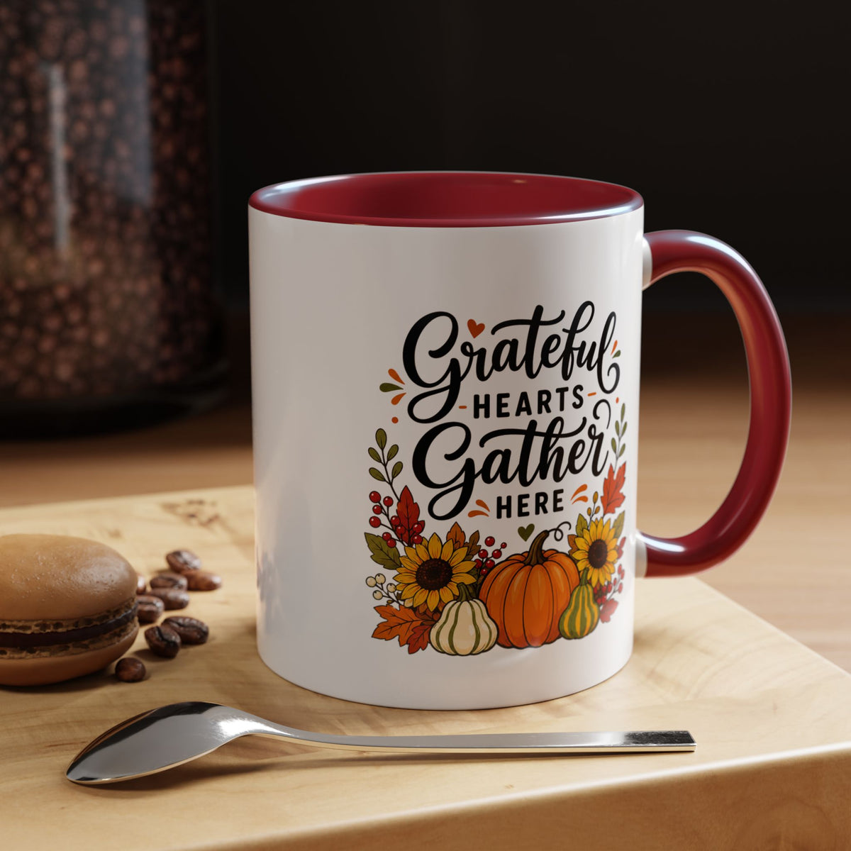 Grateful Hearts Gather Here Mug, Thanksgiving Pumpkin Coffee Cup, Rustic Fall Hostess Gift, Sunflower Harvest Kitchen Decor