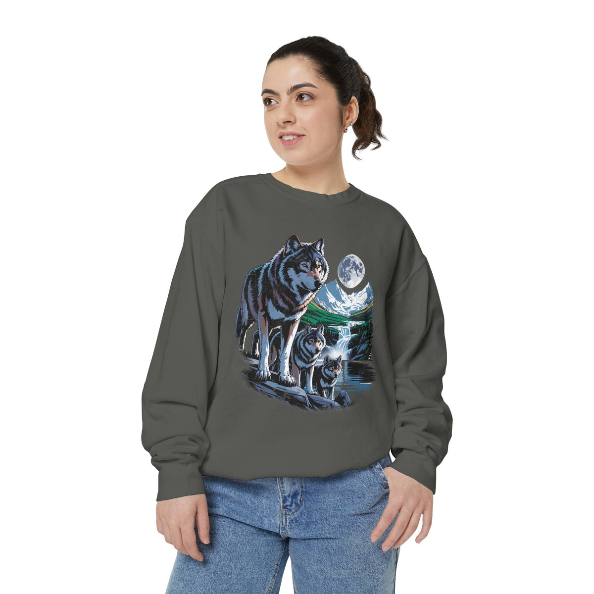 Wolf Pack Mountain Sweatshirt, Moonlit Wildlife Crewneck, Nature Lover Gift, Wilderness Forest Graphic Cozy Outdoor Pullover Unisex Top