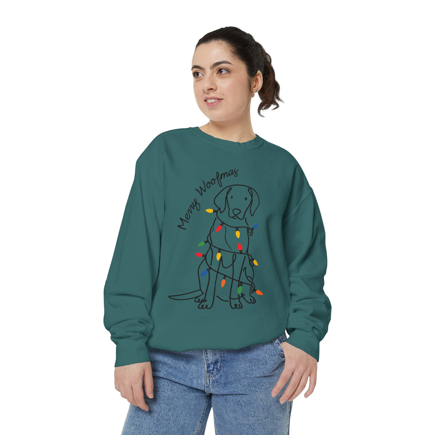 Merry Woofmas Dog Sweatshirt, Funny Christmas Puppy Crewneck, Holiday Lights Pet Lover Pullover, Cute Christmas Gift for Dog Mom or Dog Dad