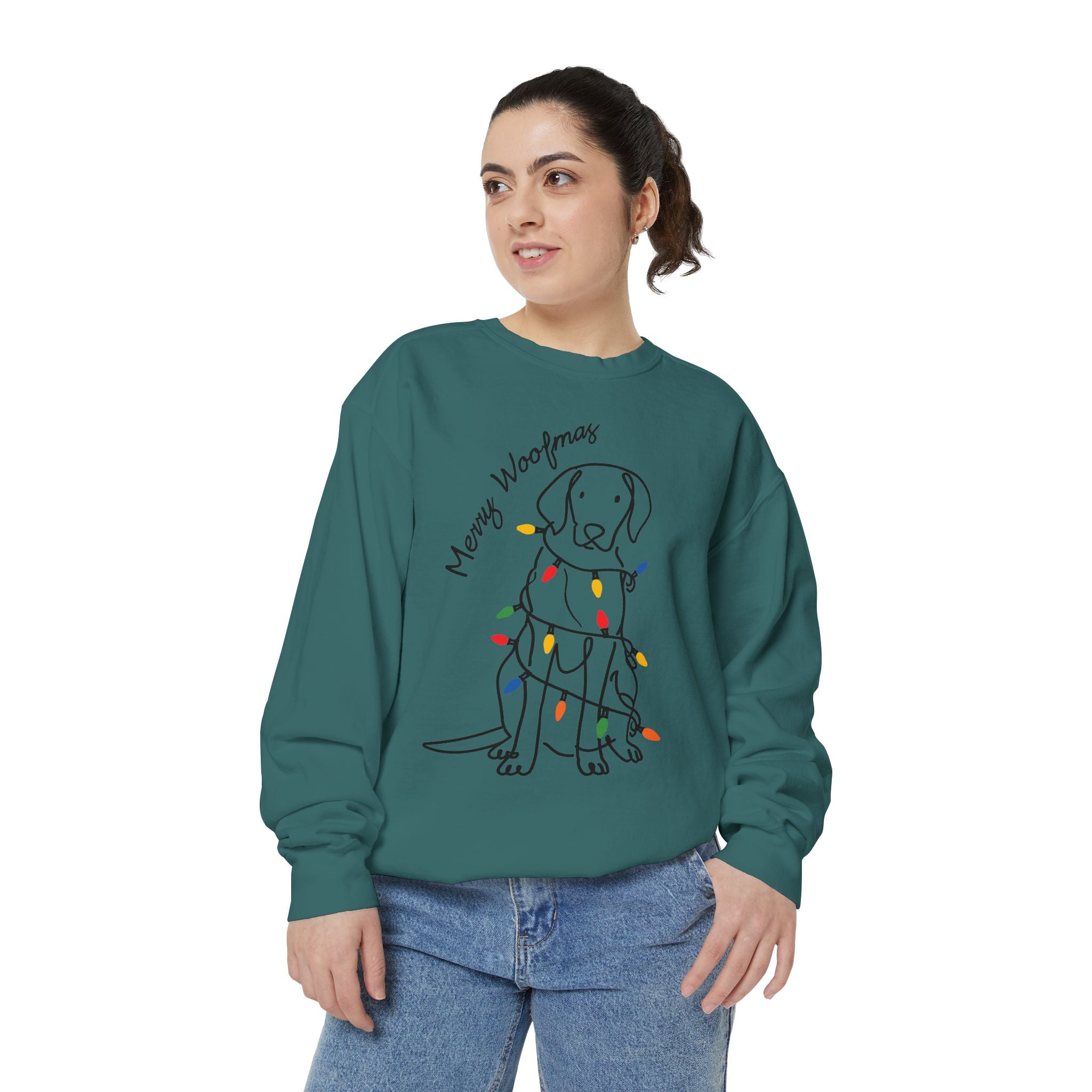 Merry Woofmas Dog Sweatshirt, Funny Christmas Puppy Crewneck, Holiday Lights Pet Lover Pullover, Cute Christmas Gift for Dog Mom or Dog Dad
