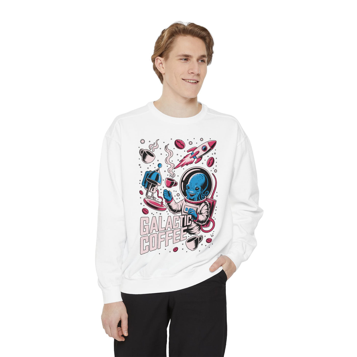 Galactic Coffee Comfort Colors Sweatshirt, Funny Alien Coffee Lover Shirt, Space Nerd Sweatshirt, Sci Fi Gift for Coffee Fans