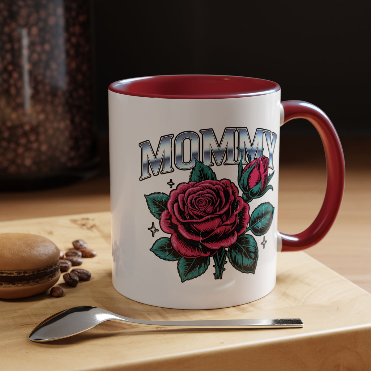 Mommy Coffee Mug, Pink Rose and Teal Leaf Design with Silver Look Lettering, Mother's Day Gift for Mom or a Floral Birthday Present for Her