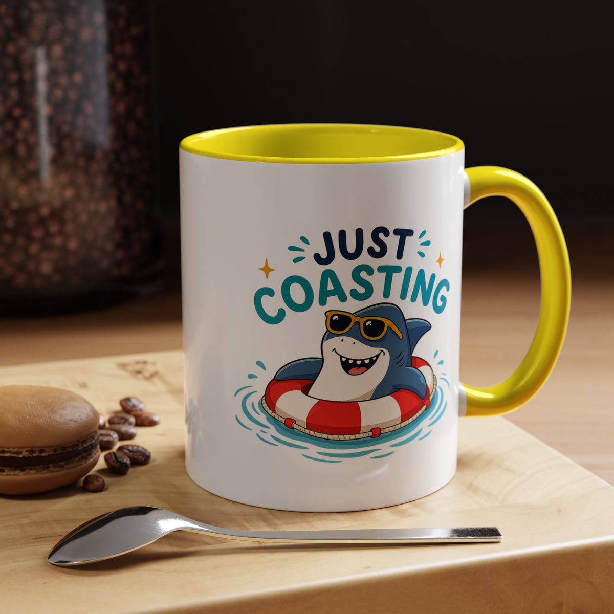 Funny Shark Coffee Mug, Just Coasting Shark Mug, Cute Beach Lover Coffee Cup, Relaxing Summer Vacation Gift for Shark Fans