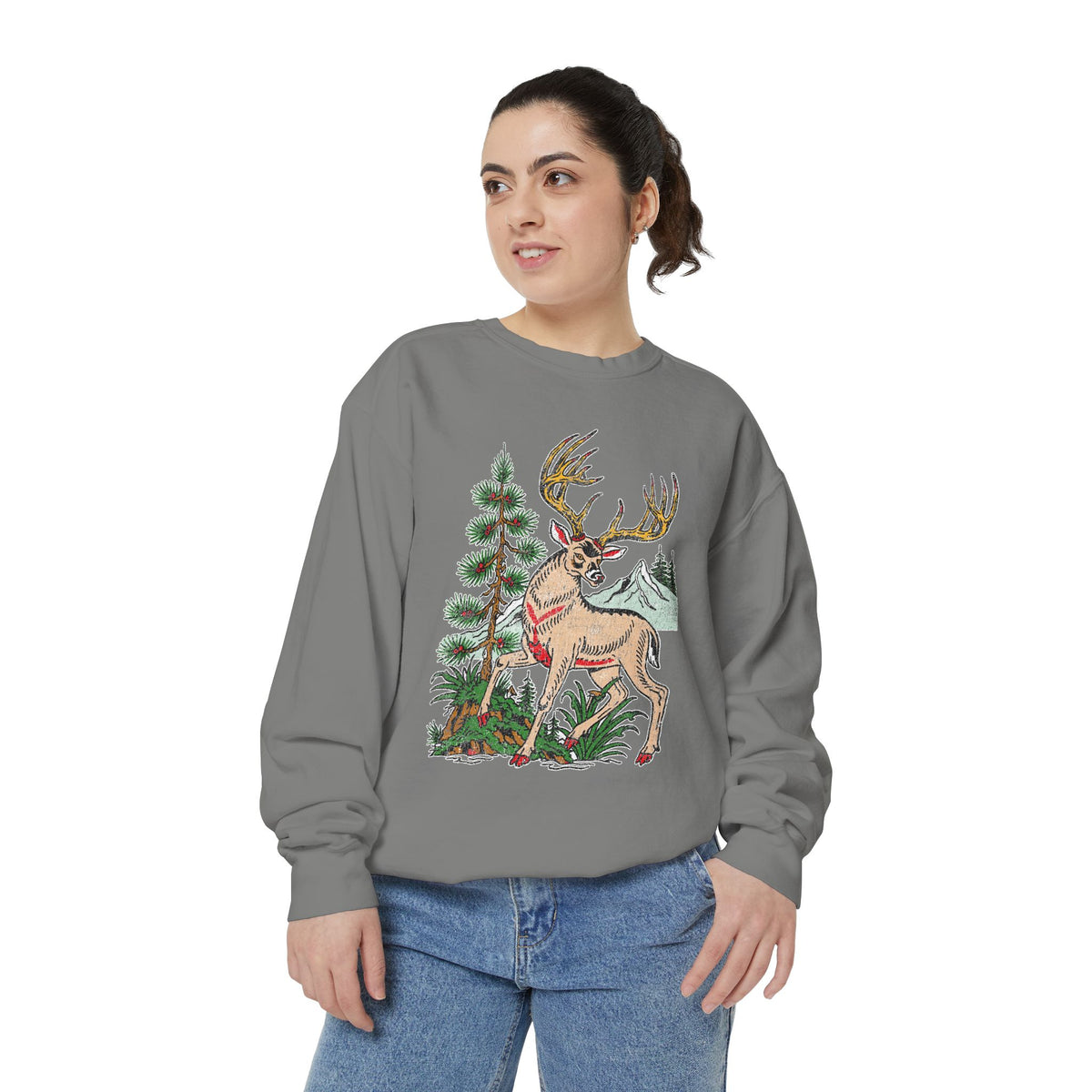 Woodland Deer Sweatshirt, Rustic Stag and Mountain Graphic, Gift for Wildlife Lovers and Hikers, Forest Inspired Cabin Weekend Clothing