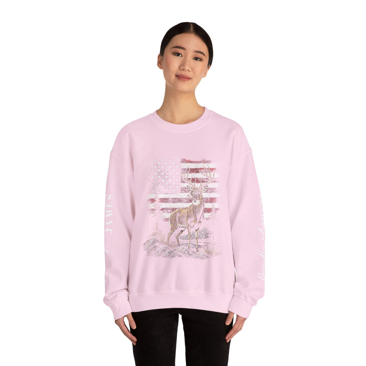 Personalized Hunting Sweatshirt, Custom Deer American Flag Pullover, Patriotic Outdoorsman Crewneck, Hunter Gift, Personalized Family Shirt